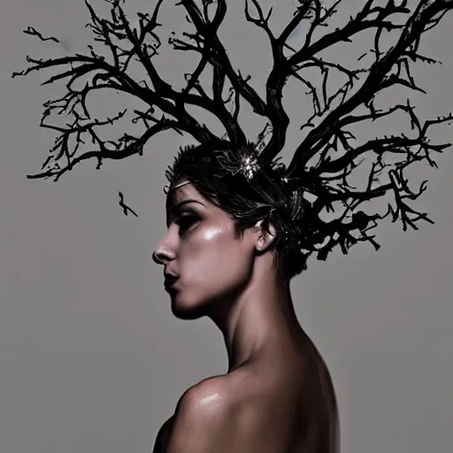 Prompt: a woman with a crown of twisted branches, by Pascal Blanché