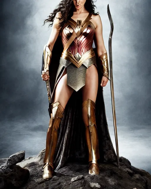 Image similar to gal gadot as queen conan, directed by john millius, photorealistic, sitting on a metal throne, wearing ancient cimmerian armor, a battle axe to her side, cinematic photoshoot in the style of annie leibovitz, studio lighting