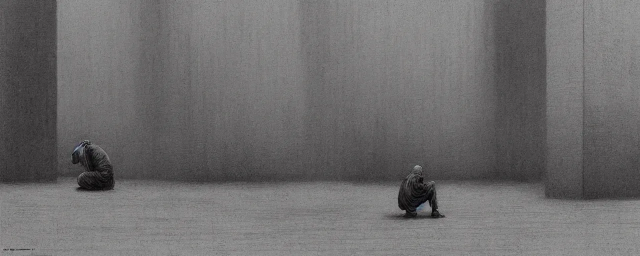 Image similar to lonely man working in a cubical in the middle of an empty city square in a dystopian future, depair, dystopian, by rutkowsky and zdizislaw beksinski