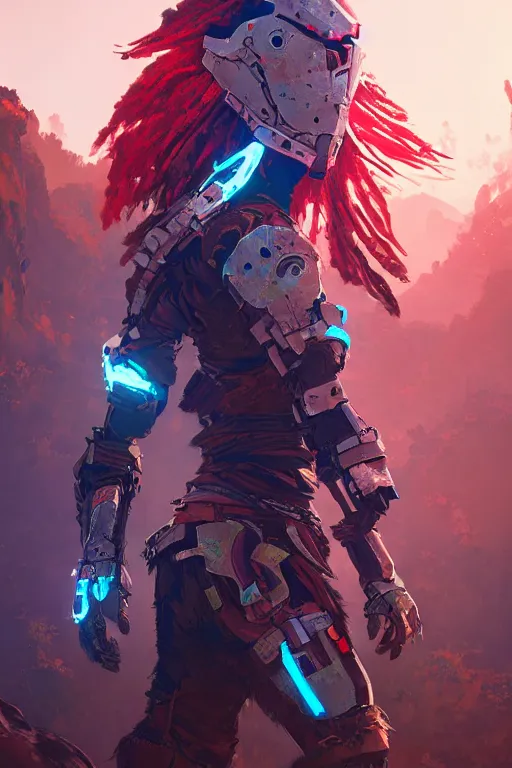 Image similar to combination suit armor aloy horizon forbidden west horizon zero dawn radiating a glowing aura global illumination ray tracing hdr fanart arstation by ian pesty and alena aenami artworks in 4 k tribal robot ninja mask helmet backpack