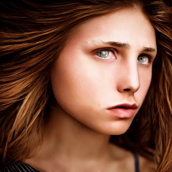 Image similar to photographic Close-up face of a extremely beautiful girl with light brown hair , high light on the left, non-illuminated backdrop, illuminated by a dramatic light, Low key lighting, light dark, High constrast, dramatic , Steve Mccurry, Greg Rutkowski, Alphonse Mucha ,dark background, high quality, photo-realistic,four fingers maximum ,8K,