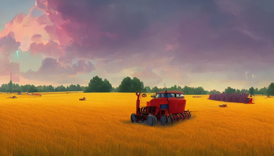 Image similar to colourful sky, wheat field, harvesting machines, big tree, matte painting, art station, digital art, simon stalenhag