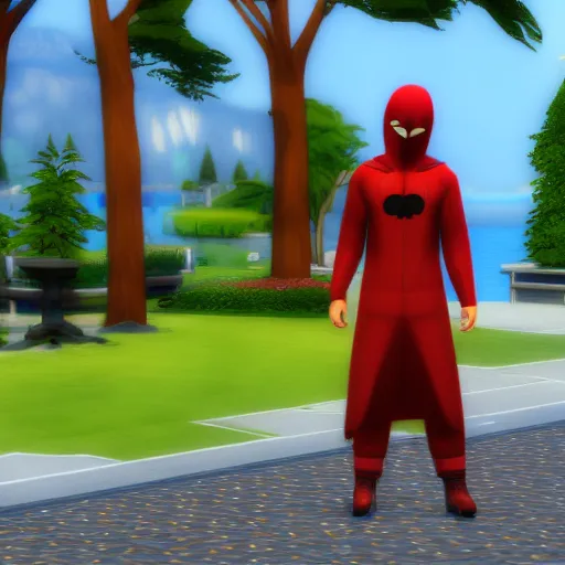 Image similar to a person wearing a red hood and holding a bell in sims 4 screenshot