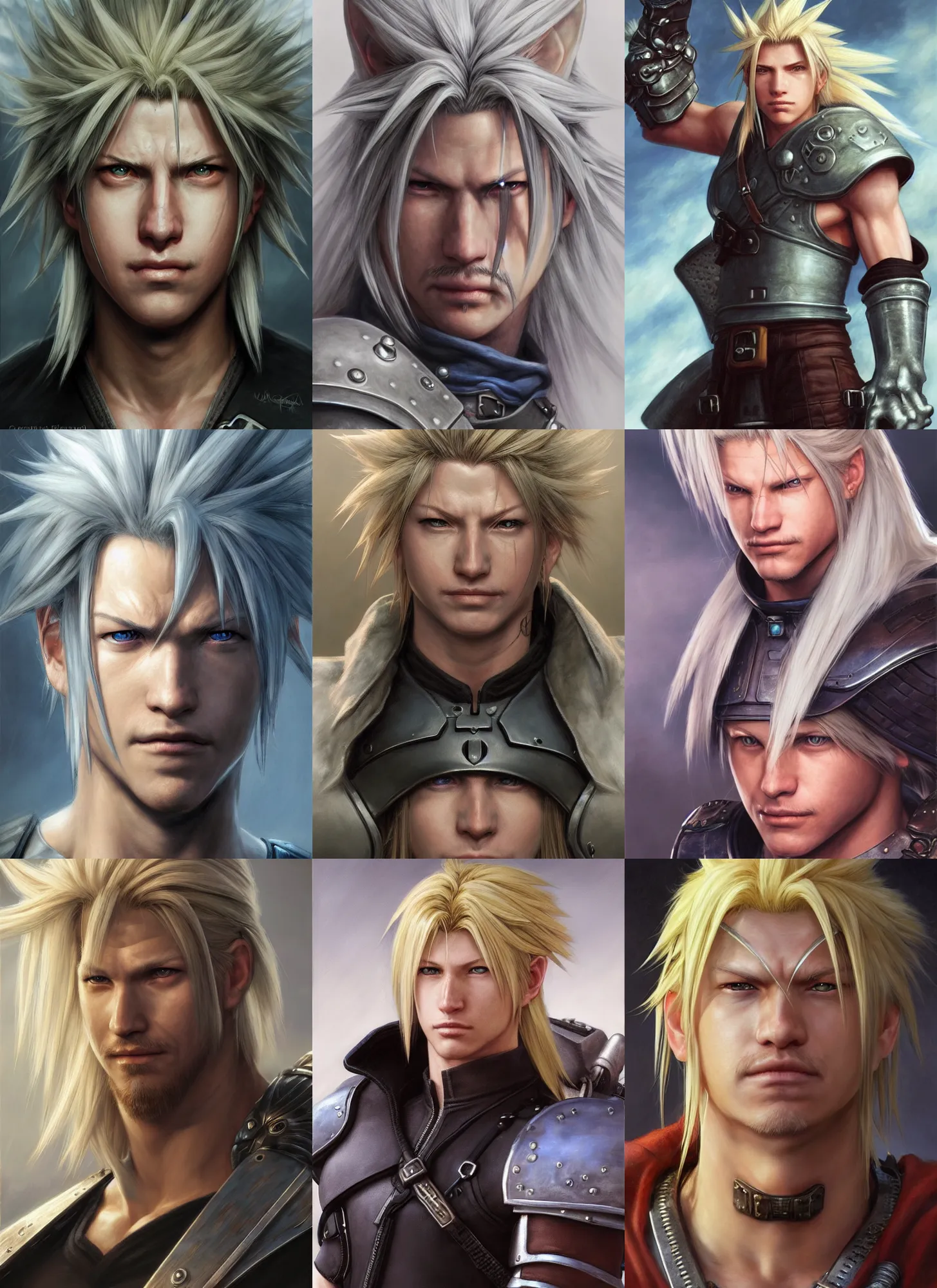 Prompt: a face portrait of cloud from final fantasy 7, serious, style by donato giancola, wayne reynolds, jeff easley dramatic light, high detail, cinematic lighting, artstation, dungeons and dragons
