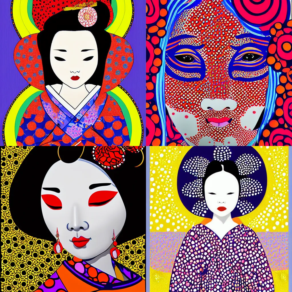 Prompt: digital painting of a beautiful geisha by yayoi kusama