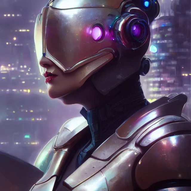 Prompt: close up portrait of a cyberpunk female wearing metallic armor, city background, subsurface scattering, artistic, art by artgerm, greg rutkowski and alphonse mucha, artstation, octane render,