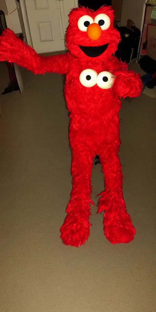 Prompt: Elmo with super long limbs, flash photography, approaching viewer