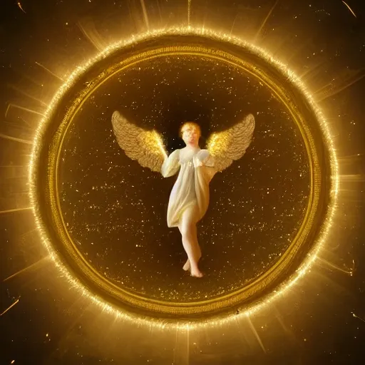 Image similar to Angel in the universe, surrounded by a light circle, glowing, high saturation, cinematic light effect, realistic, adding detail, rococo style, high definition