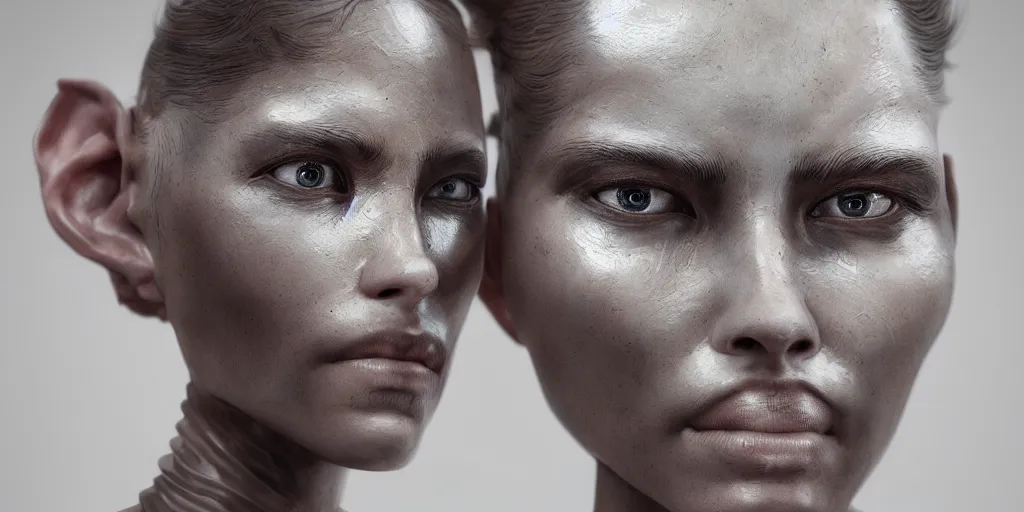 Image similar to hyper realistic photography of a stunningly cyborg female, intimate, holding close, in the style of beth cavener, jin kagetsu,, and wlop, highly detailed, intricate filigree, chrome face symmetry, masterpiece, award - winning, sharp focus, concept art, high key, ambient lighting, 8 k, octane render,