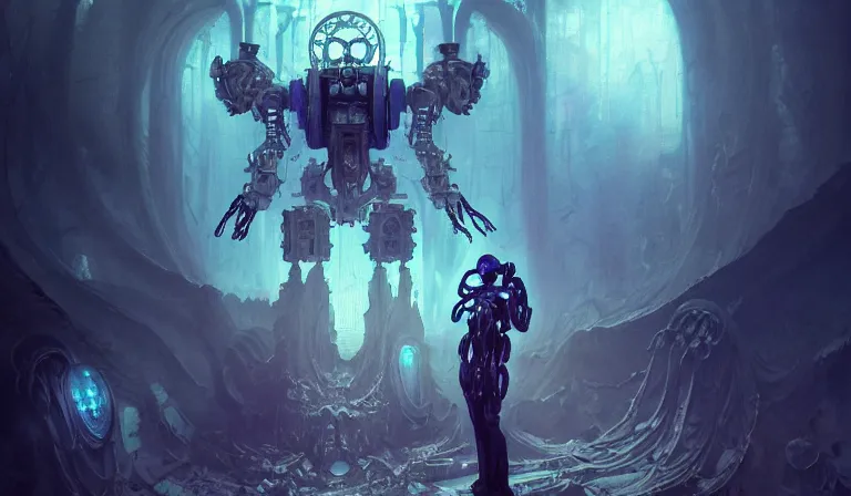 Image similar to muted ombre matte painting beautiful sinister alabaster neogothic skullpunk spirit doctor dismantling the iridescent enchanted intergalactic mecha garden, man machine chimeric beholder polyphemous power crystals psychotropic tessalating frequencies singularity artgerm wlop james jean andrei riabovitchev marc simonetti yoshitaka amano artstation, cgsociety