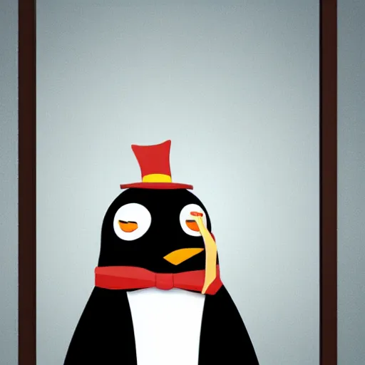 Prompt: A penguin with a suit in his office