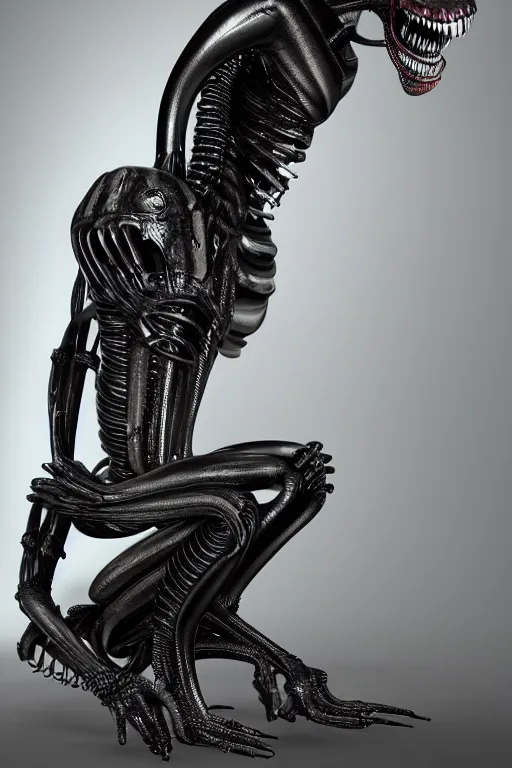 Image similar to hr giger xenomorph alien design in embrio pose, black, shiny body, hyperrealistic, cinematic lighting