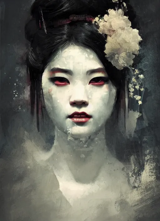 Image similar to female geisha girl, beautiful face, rule of thirds, intricate outfit, spotlight, by greg rutkowski, by jeremy mann