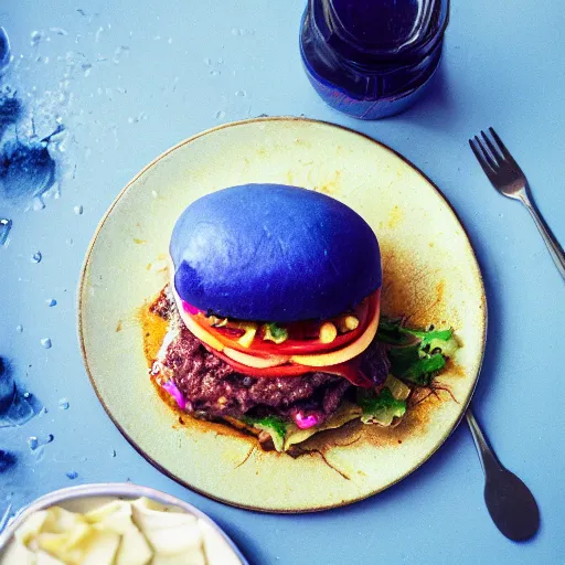 Prompt: photo of hamburger made of blue meat, food photography, cinestill, 800t, 35mm, full-HD