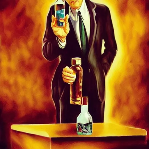 Prompt: Tarantino drinking from bottle Nicolas Cage in liquid form, Surrealism, Surreal drawing, Digital art, from artstation, art by Salvador Dali