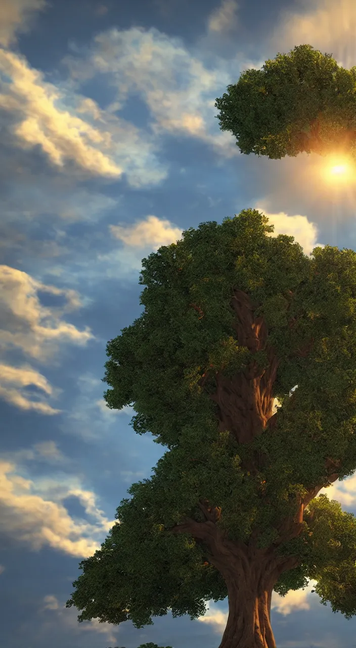 Image similar to a gigantic oak reaching the sky, detailed clouds, sunbeams, heavenly color scheme, unreal engine