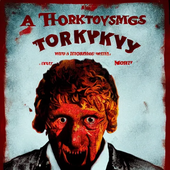 Prompt: a horror movie poster about Thanksgiving turkeys