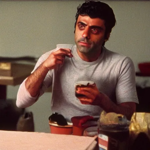 Prompt: a still of Oscar Isaac in Slime City (1988)
