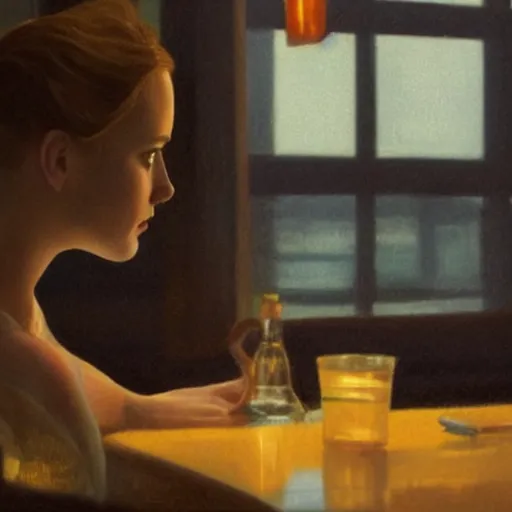 Prompt: silhouette of Elle Fanning drinking whiskey alone in a diner, stormy weather, extremely detailed masterpiece, oil on canvas, low-key neon lighting, artstation, Blade Runner 2049, Roger Deakin’s cinematography, by J. C. Leyendecker and Peter Paul Rubens,