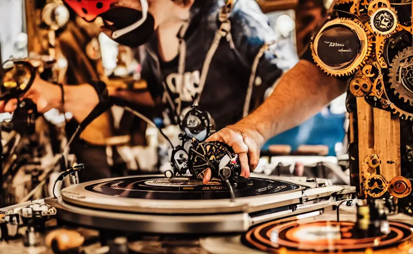 Prompt: a person wearing goggles and visor and headphones using a steampunk record player contraption, doing turntablism dj scratching, intricate carved wood, planetary gears, complex, cinematix, imax, sharp focus, hyper detail