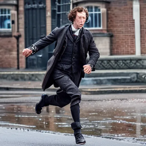 Image similar to [UHD candid photo of Sherlock Holmes running down the streets of futuristic steampunk London, correct face, accurate details, graphic detail, sharp focus by Annie Leibowitz]