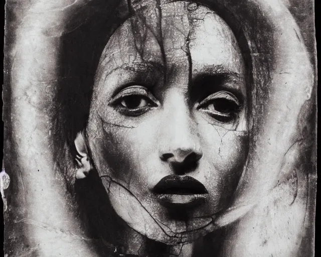 Image similar to movie still, germaine krull, a black and white photo of a woman's face, a charcoal drawing by Hans Erni, afro futurismn, ambrotype, multiple exposure