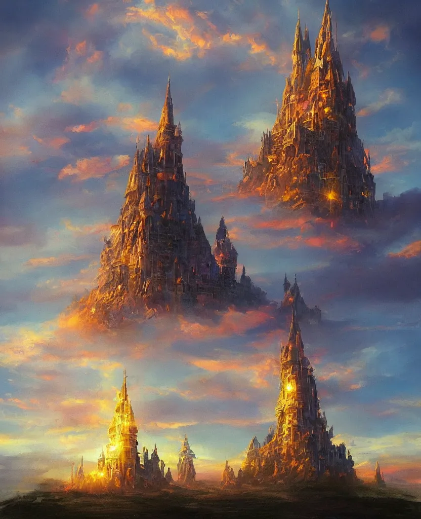 Prompt: “ a landscape painting in the style of noriyoshi ohrai of a holy tower, it is a glowing fortress and has iridescent mana radiating from it into the aether. it is centered. the background is the sky at dawn. retrofuturistic fantasy ”