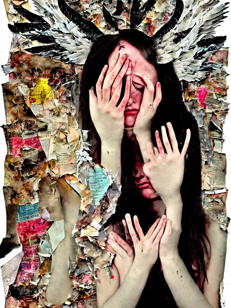 Image similar to a young adult angelgirl soft crying with lots of hands on her face and ratty feathered angel wings, stressed and burnt out, collage effect, collaged, torn paper, torn paper collage, overexposure, overexposed, high exposure