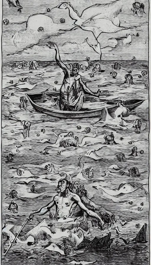 Image similar to man on boat crossing a body of water in hell with creatures in the water, sea of souls, by schizophrenia patient