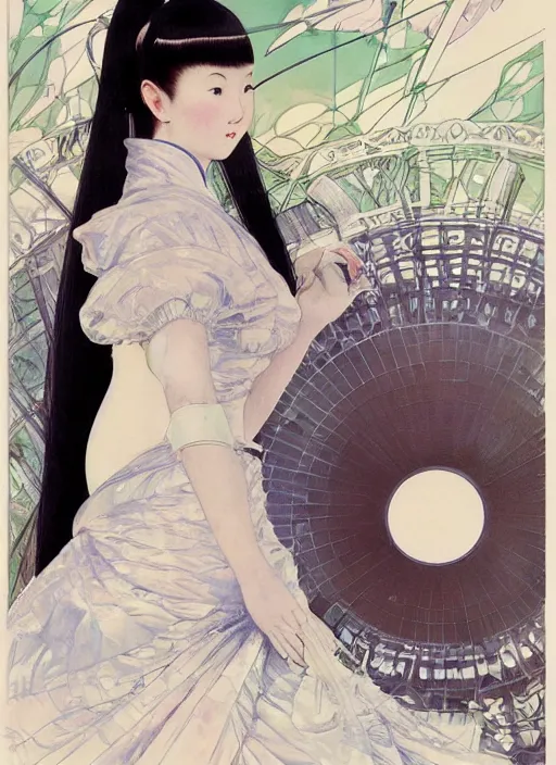 Image similar to a low angle copic maker art nouveau portrait of a japanese futuristic girl detailed features wearing a latex wedding dress with a puffy skirt designed by balenciaga by john berkey, norman rockwell akihiko yoshida