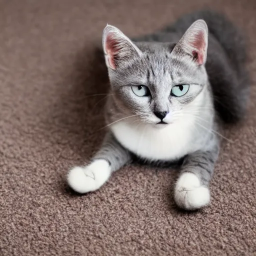 Image similar to gray cat stretching on beige carpet