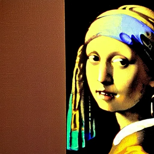 Image similar to painting of the girl with the pearl earring together with mona lisa by andy warhol, painting, oil on canvas, beautiful painting