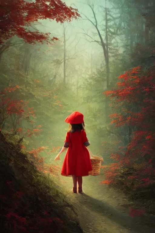 Prompt: a little girl in red hat with a basket ,forest,Distant view,a basket by Bruce Pennington and Ross Tran trending on artstation, trending on deviantart