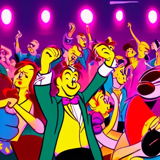 Prompt: young people in a fancy nightclub dancing and drinking, partylights, great colors, in the style of carl barks, trending on artstation