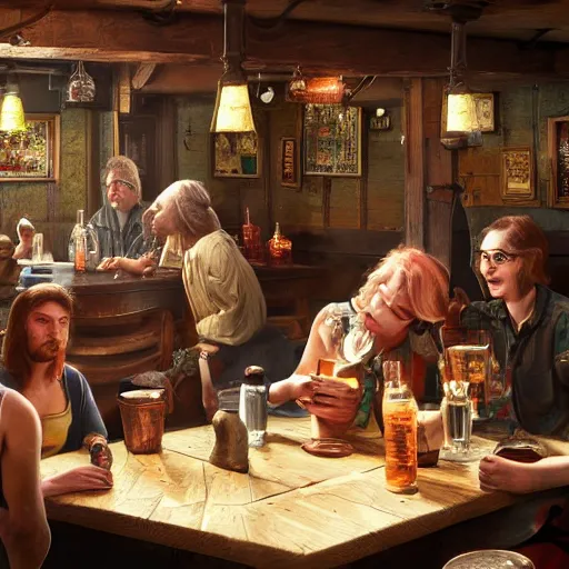 Image similar to busy tavern scene, Ultra realistic, intricate, mysterious, cinematic, 4k, illustration, concept art, photorealistic, award winning on Artstation