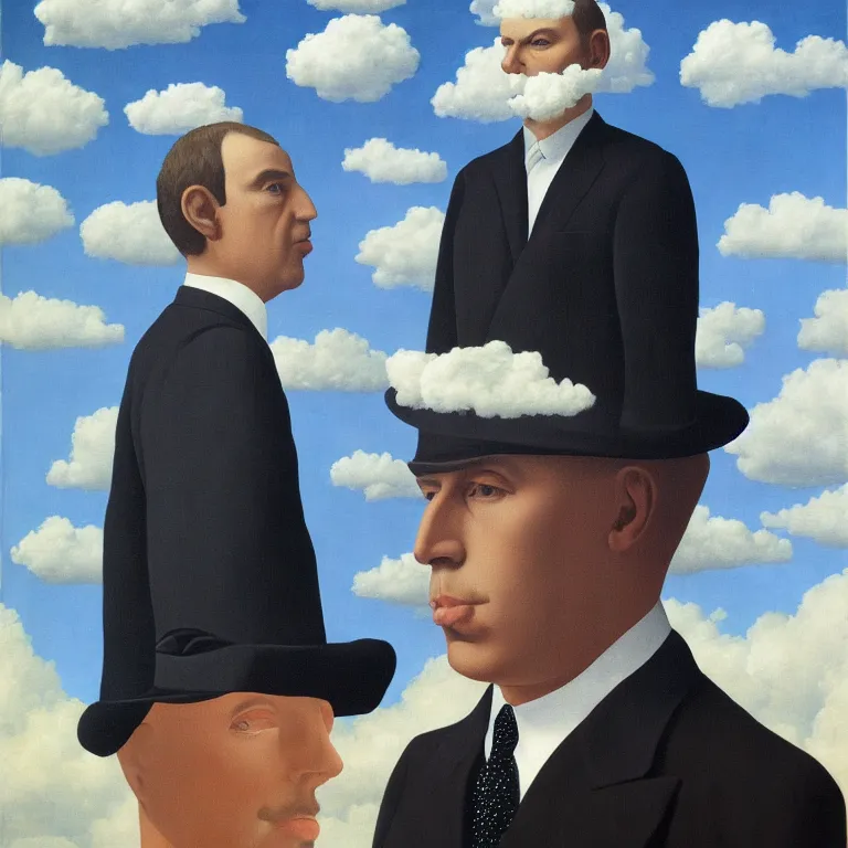 Image similar to portrait of a man made out of clouds in a suit, by rene magritte, detailed painting, hd, hq, high resolution, high detail, 4 k, 8 k