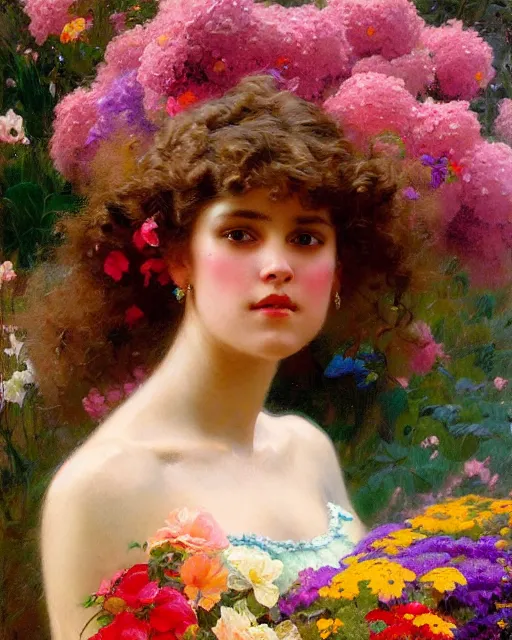 Image similar to an attractive girl wearing a colourful dress and surrounded by flowers. highly detailed painting by gaston bussiere, craig mullins, j. c. leyendecker 8 k