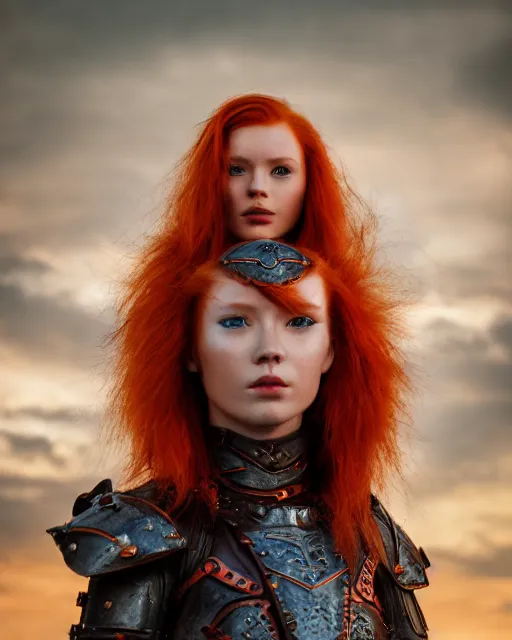 Image similar to north female warrior, red hair, ginger hair, fantasy, high detailed, photography, cloudy, lightweight leather armour, Scandinavia, plain, detailed face, cute face, model, glowing skin, serious face, full body, professional photographer, masterpiece, 8k, 3D