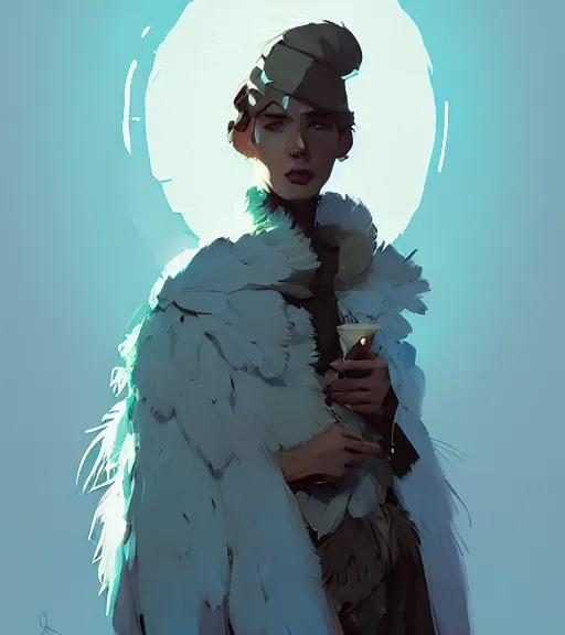 Image similar to portrait of mage with coat made of feathers, dnd character, by atey ghailan, by greg rutkowski, by greg tocchini, by james gilleard, by joe fenton, by kaethe butcher, dynamic lighting, gradient light blue, brown, blonde cream and white color scheme, grunge aesthetic