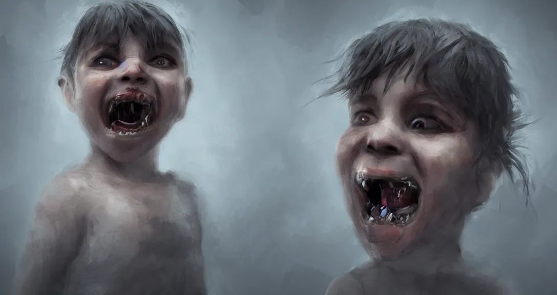 Prompt: child, black eyes, sharp teeth, portrait, intricate, detailed, volumetric lighting, scenery, digital painting, highly detailed, artstation, sharp,