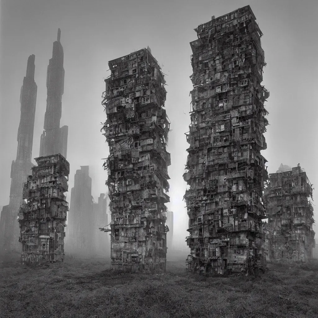 Prompt: two giant towers, made up of makeshift squatter shacks, misty, dystopia, mamiya rb 6 7, fully frontal view, very detailed, digital glitches, photographed by ansel adams