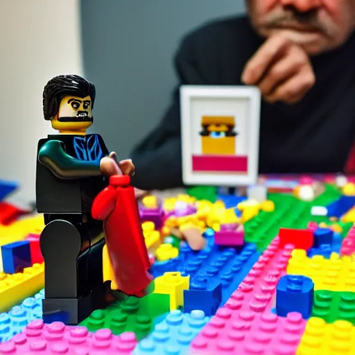 Image similar to saddam hussain playing with lego, realistic, award winning, photography,