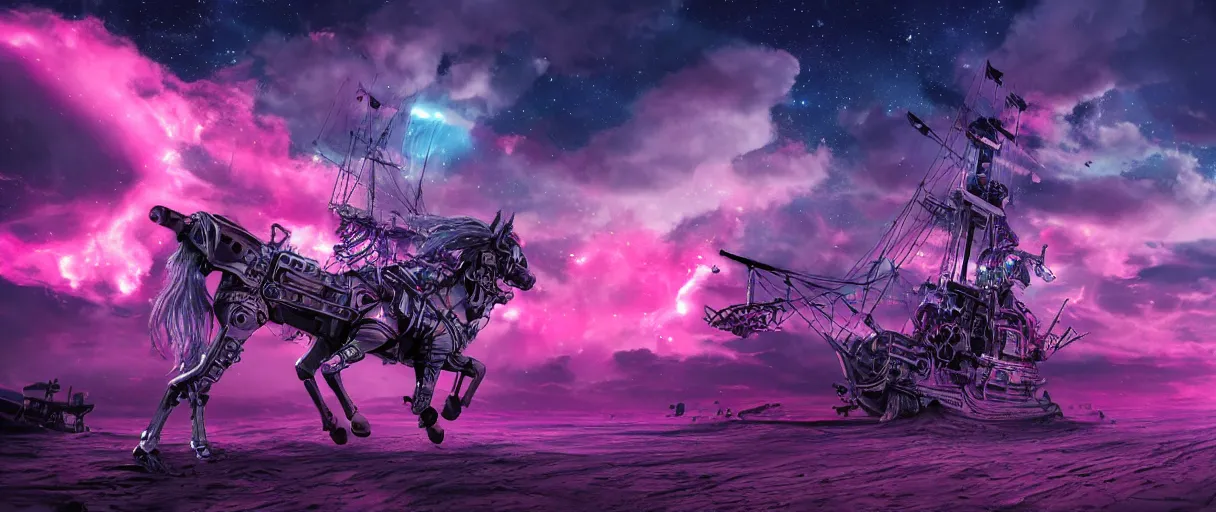 Image similar to space, a horse - drawn, a mechanical horse with a pink mohawk drives a pirate spaceship, punk, hyperdetailed illustration, stars, pink, neon, oil painting, rich deep colors masterpiece, pirate neon ship, ultra detailed, contrast, heaven pink, clouds, volumetric light, atmospheric lighting, dramatic, cinematic, moody, octane render 4 k, 8 k