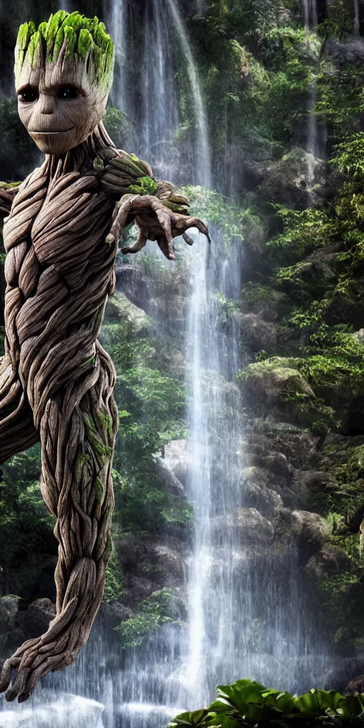 Prompt: photorealistic wide shot focus portrait of Groot, under waterfall, bokeh, octane render, unreal engine 4k, volumetric lighting, fog, detailed