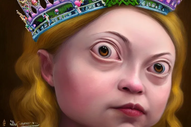 Image similar to closeup profile portrait of greta thunberg as a fairytale princess wearing a crown eating cakes in the castle kitchen, nicoletta ceccoli, mark ryden, lostfish, max fleischer, hyper realistic, artstation, illustration, digital paint, matte paint, vivid colors, bright, cheerful, detailed and intricate environment