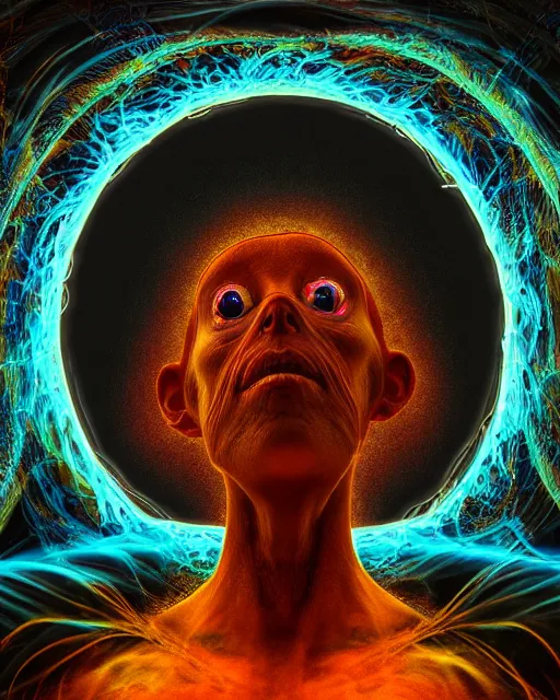 Image similar to realistic portrait of a creature experiment gone wrong, opened portal, psychedelic, dark art, facing camera, photo realistic, detailed, 1 4 5 0, delicate, hyper realism, ultra realistic, 8 k