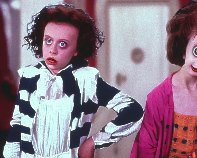 Prompt: millie bobby brown as lydia in beetlejuice, 1988, cdx