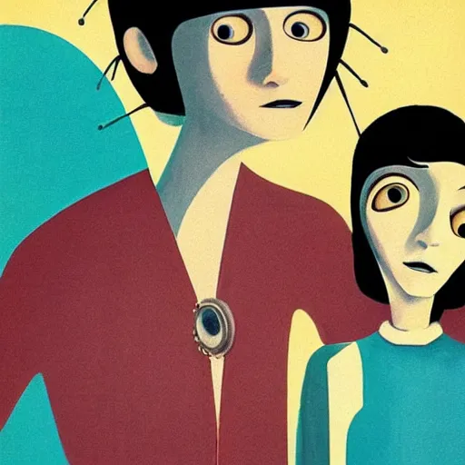 Image similar to “Coraline movie ‘other mother’ portraiture, art deco, 1950’s, solid shapes”