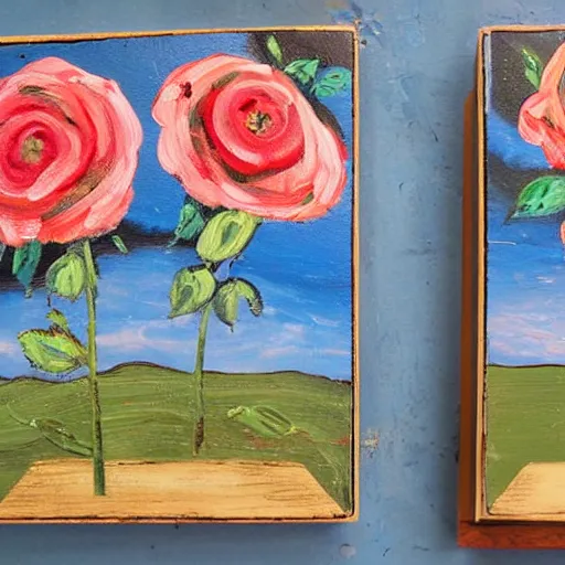 Image similar to a painting of roses and castles, diptych, traditional folk art painting on wood, traditional narrowboat painting on wooden panels