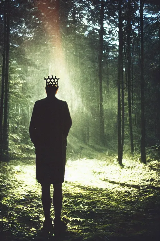 Image similar to kodak portra 4 0 0 photograph of a guy wearing a kings crown standing in a dark fantasy forest, back view, lens flare, moody lighting, moody vibe, telephoto, 9 0 s vibe, blurry background, grain, tranquil, calm, faded!,